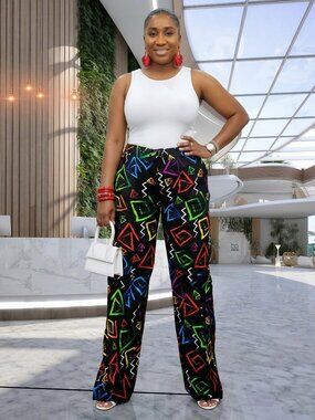African Print Vibrant Geometric Wide-Leg Trousers